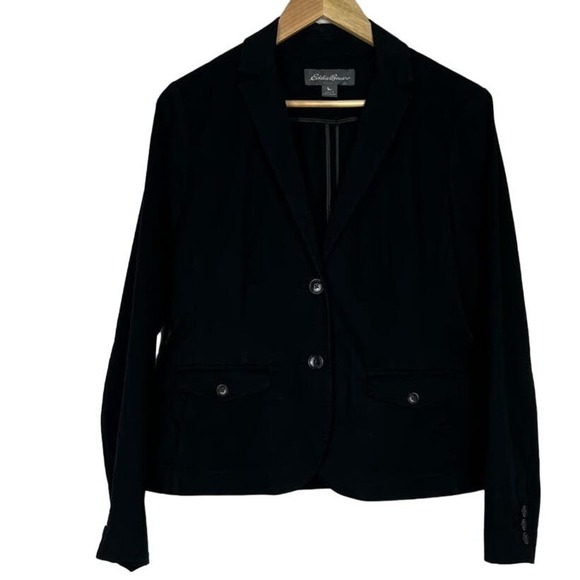 Eddie Bauer Black Jacket Fitted Blazer Women's Size 4 Cotton Stretch 2 Button - Picture 1 of 4